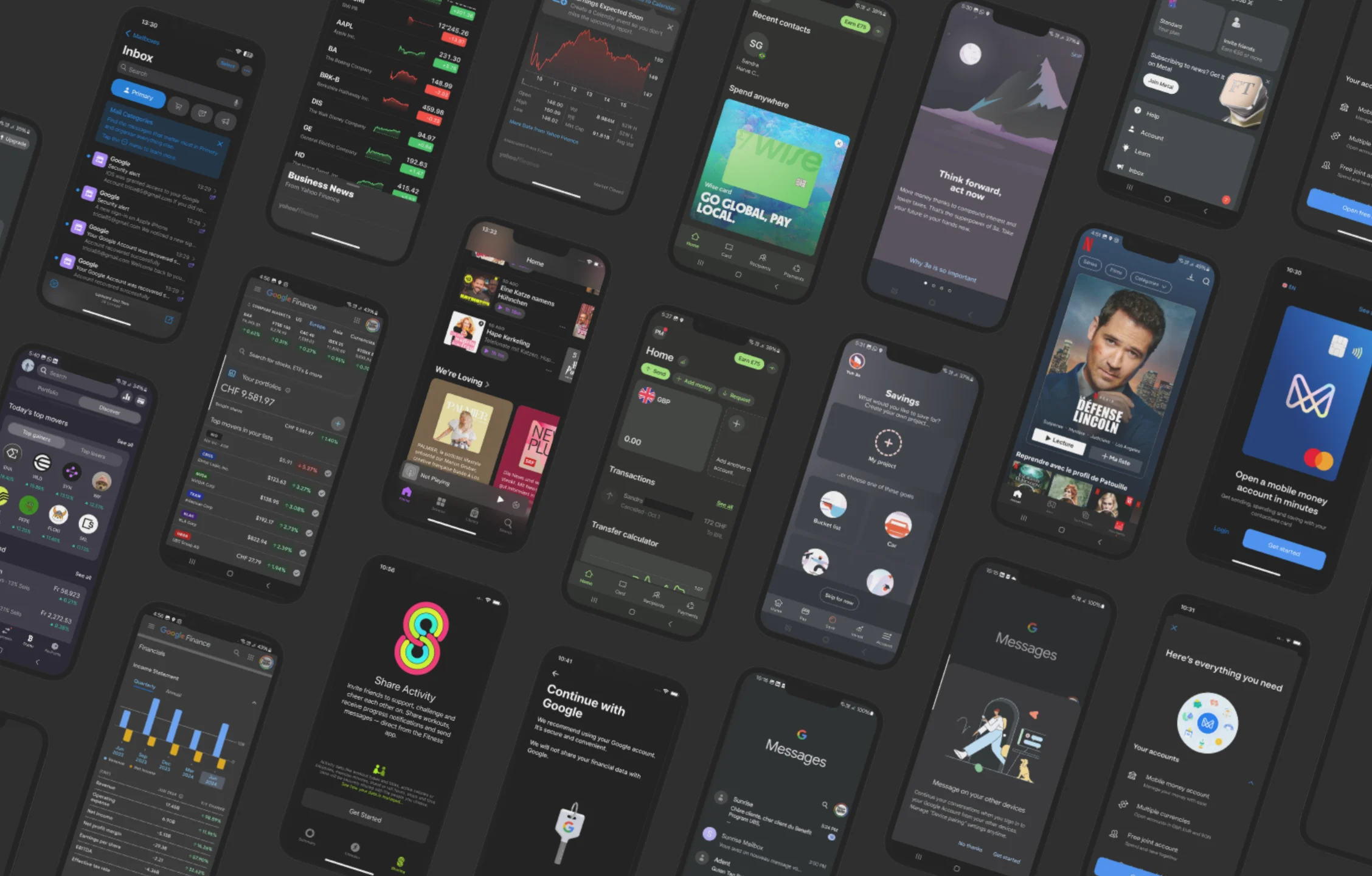 Benchmarking of dark mode approaches across other apps, showing black and blue as the industry's default choices.