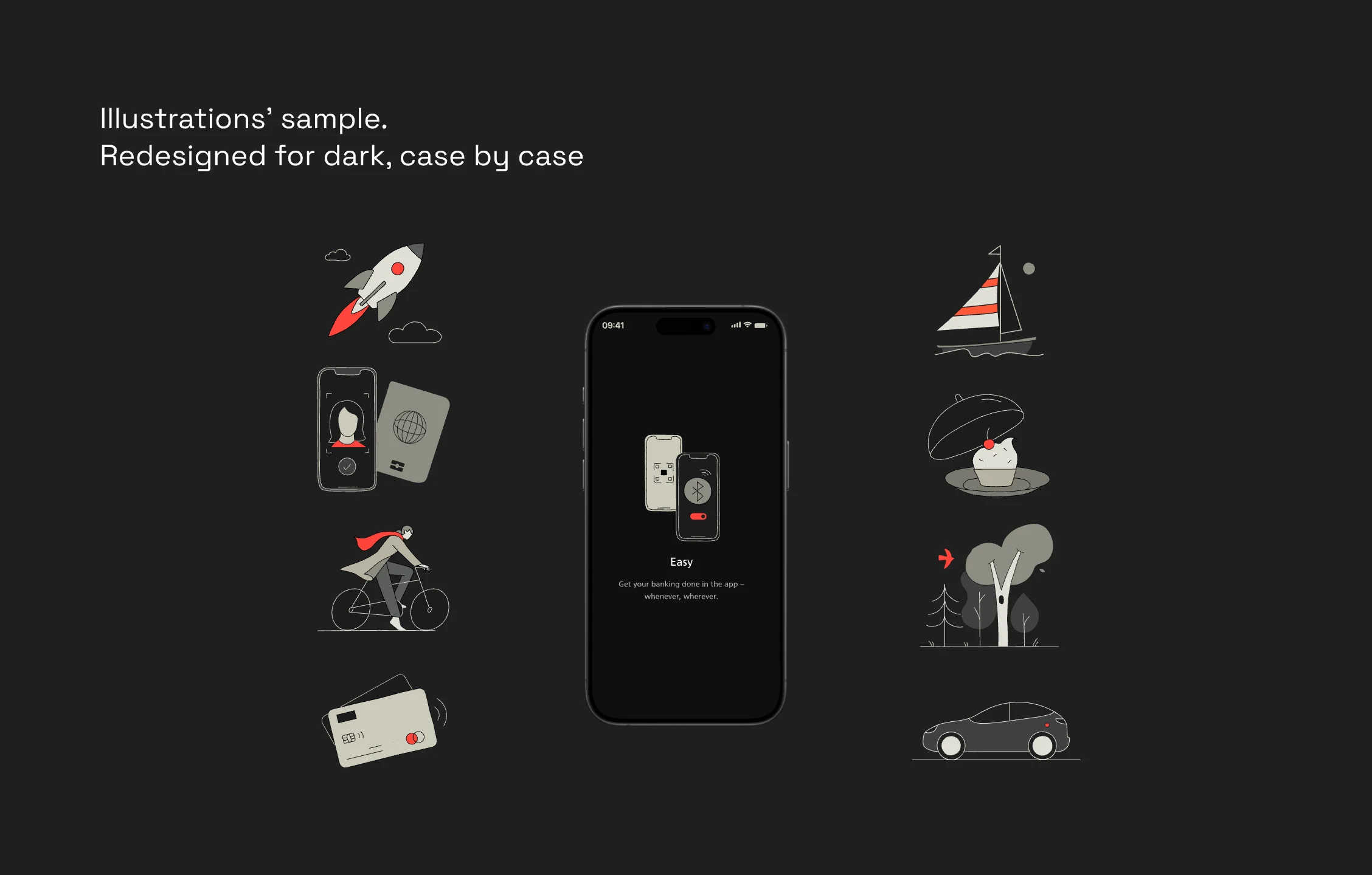 Illustrations redesigned specifically for dark mode, using a mixed filled and outlined approach.