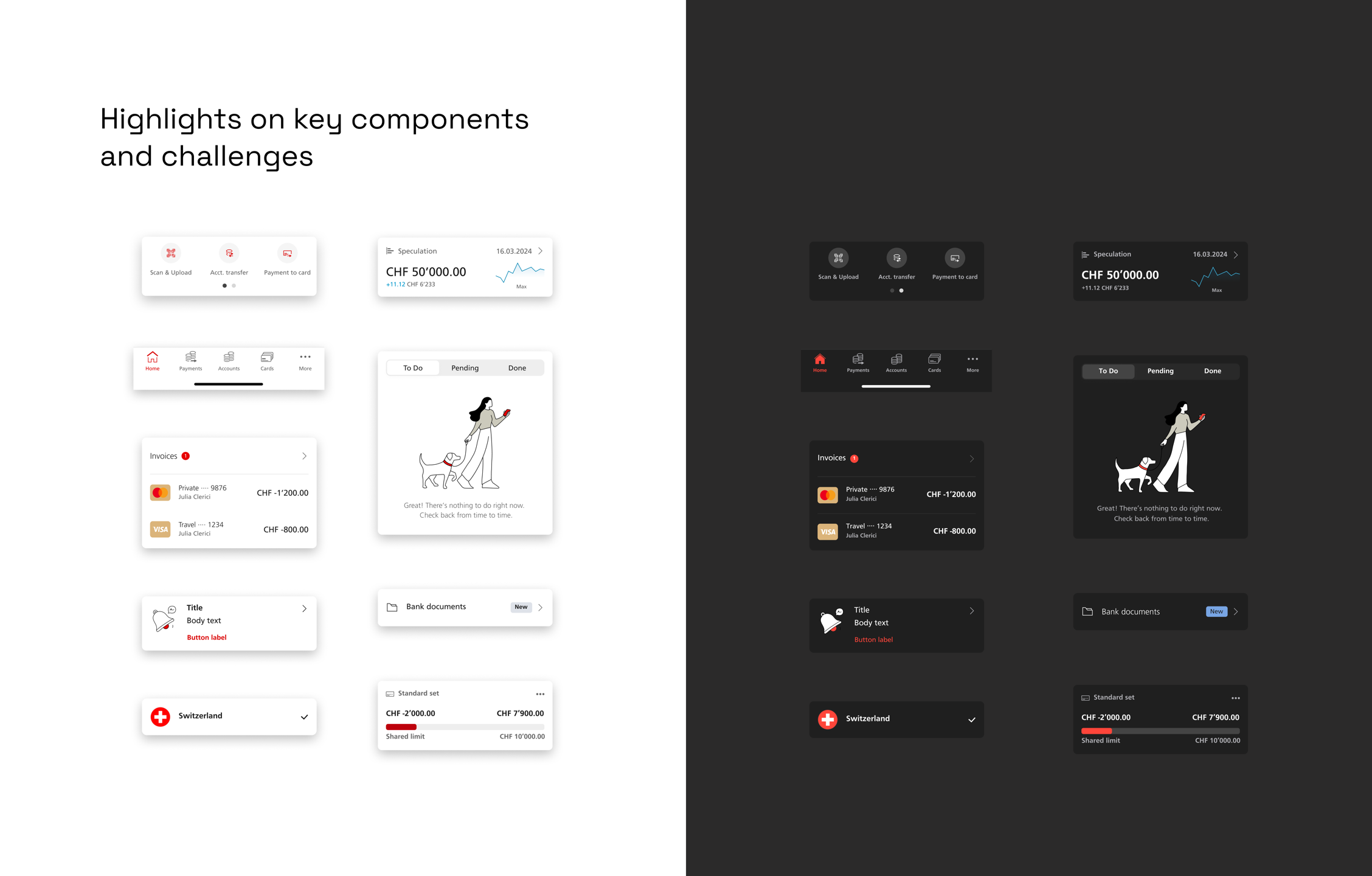 Mobile components shown in light and dark mode: progress bars, labels, icons, and charts.
