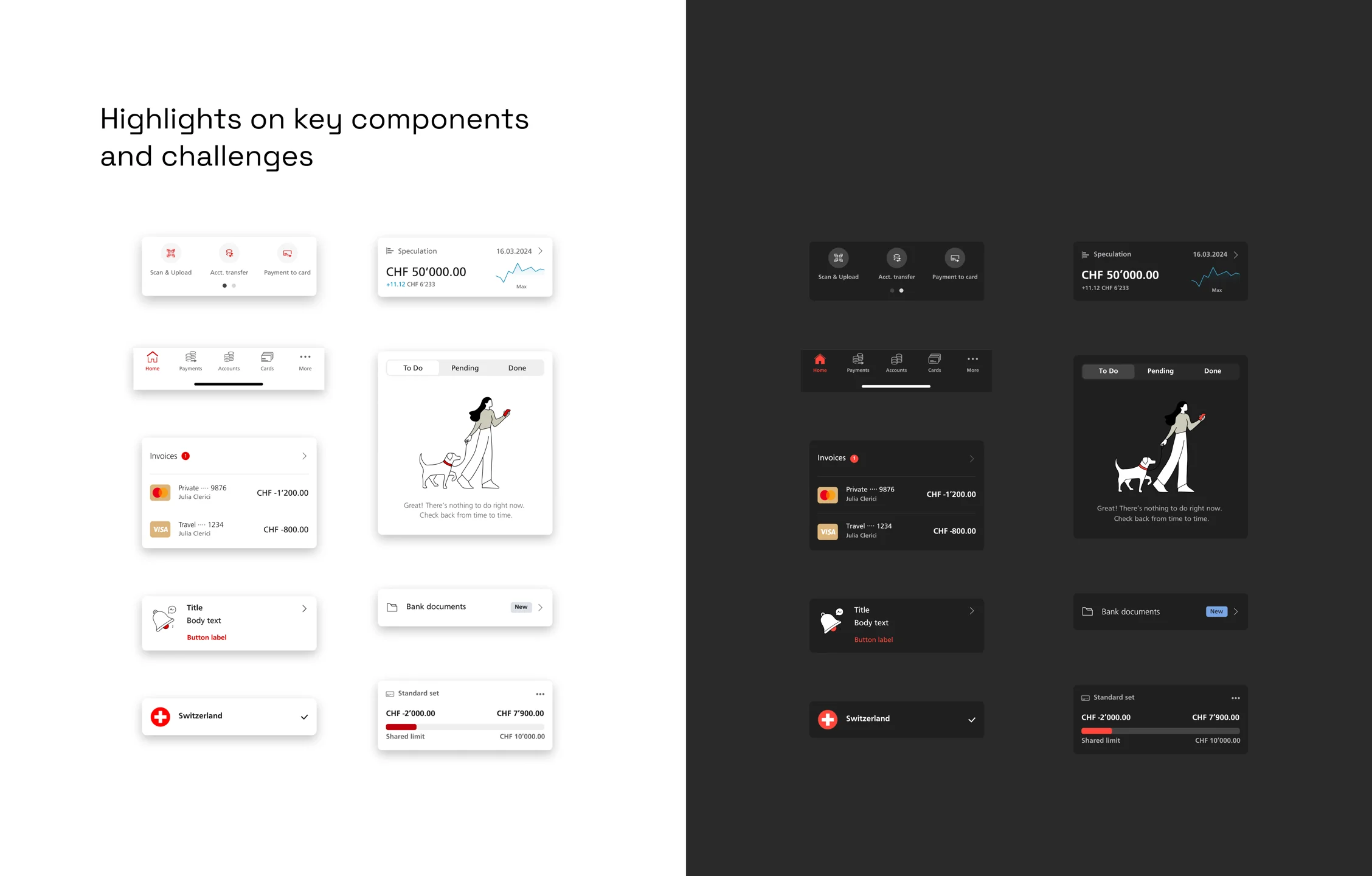 Mobile components shown in light and dark mode: progress bars, labels, icons, and charts.