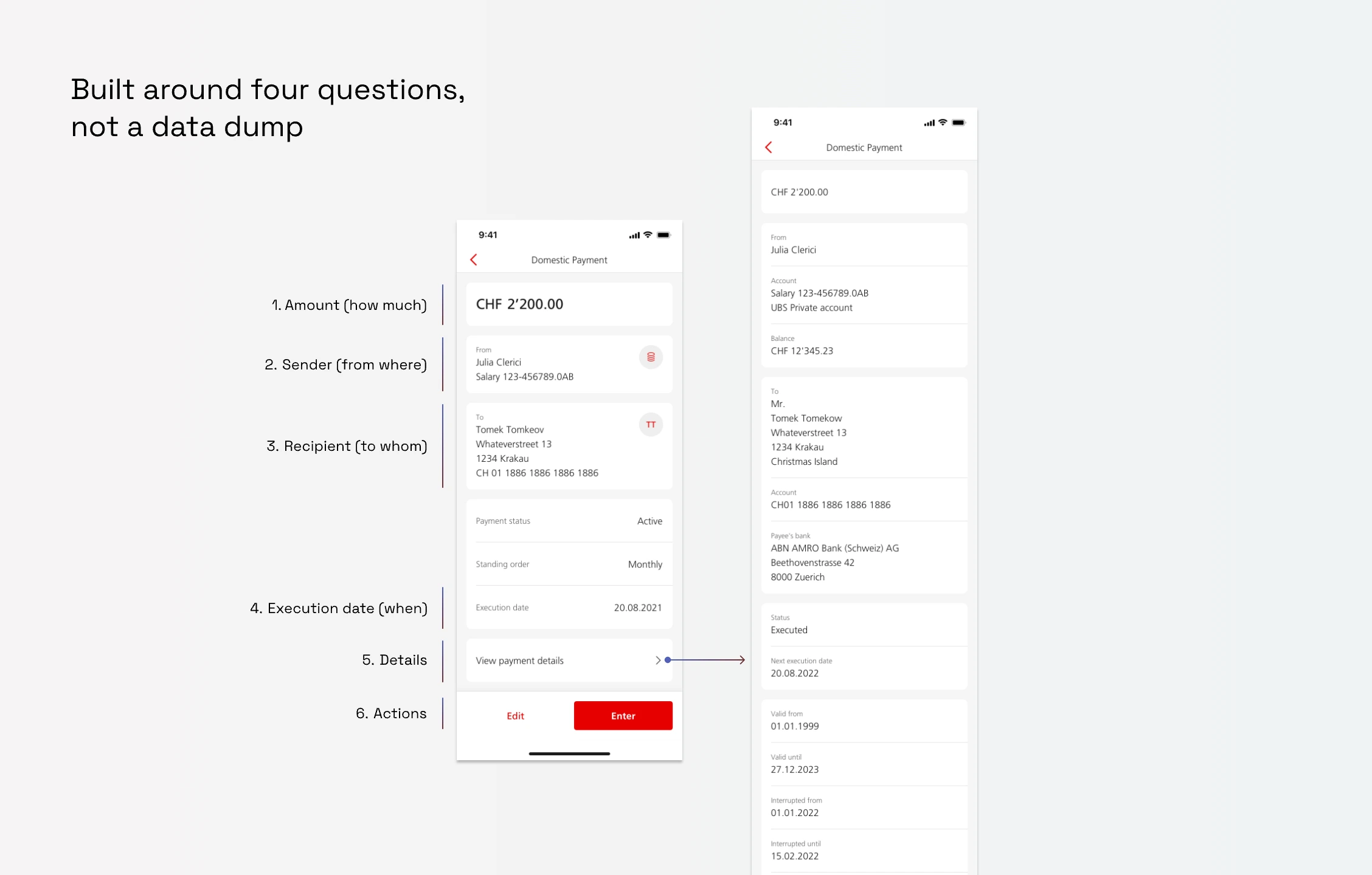 Non-essential payment details moved into a separate downloadable view, with per-payment-type actions replacing a single generic menu.